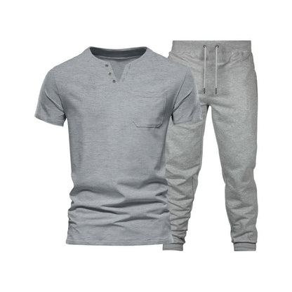 Herren Henley Set Kurzarm mit Brusttasche und Jogginghose Bequem