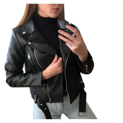 Lederjacke Damen Biker Stil mit Nieten und Zierbesatz