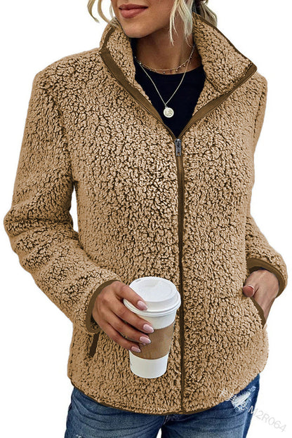 Damen Fleecejacke Flauschig Warm mit Kragen und Taschen