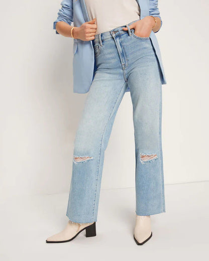 Damen High-Waist Jeans Destroyed Optik Weite Bein