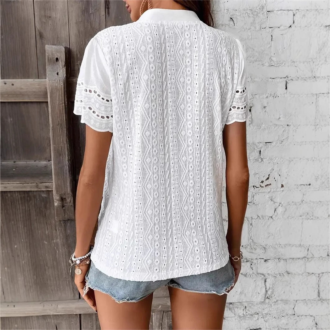 Damen Bluse Kurzarm Elegant mit Stickerei