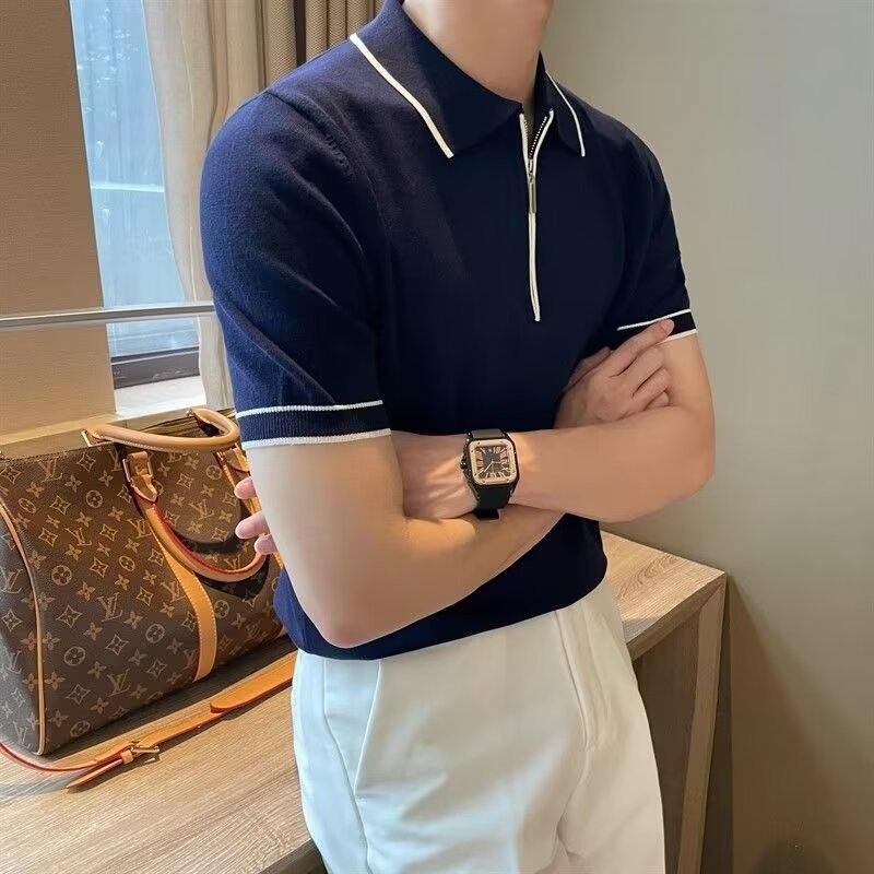 Herren Poloshirt Modern Slim Fit Mit Reißverschluss