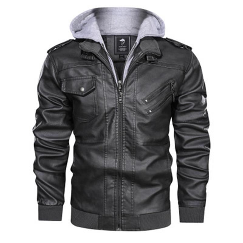 Herren Lederjacke Kunstleder Modern mit Kapuze