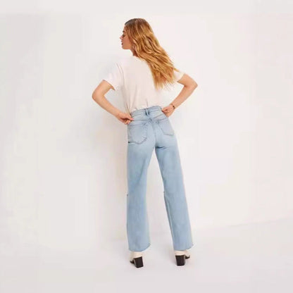 Damen High-Waist Jeans Destroyed Optik Weite Bein