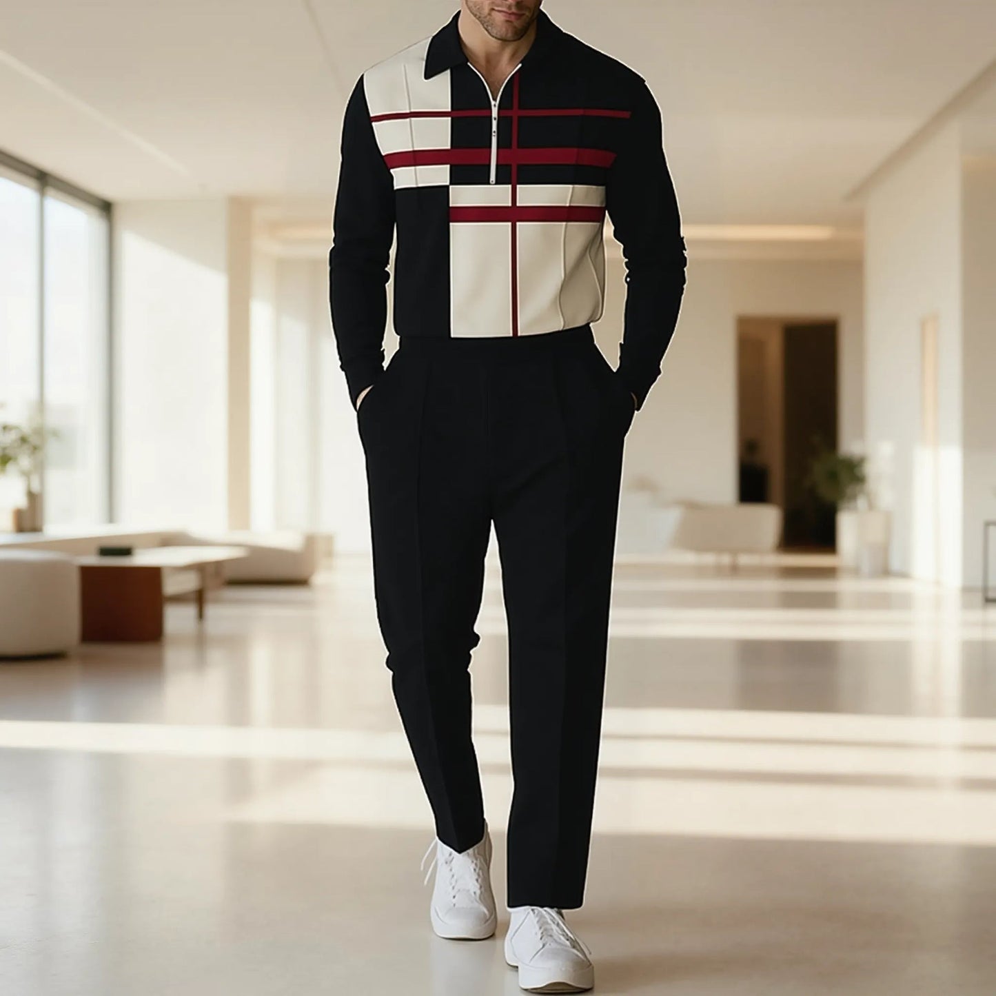 Herren Langarmshirt Modern mit Reißverschluss Blockdesign