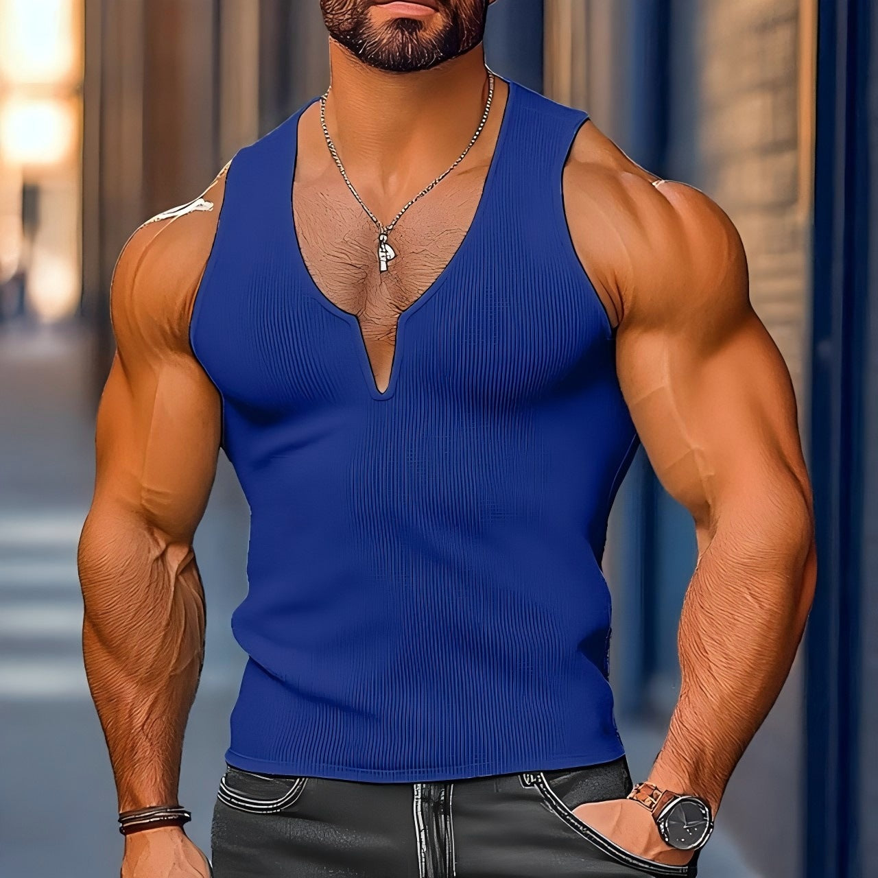 Herren Sportshirt V-Ausschnitt Rippstruktur Fitness - BerlinGlamour