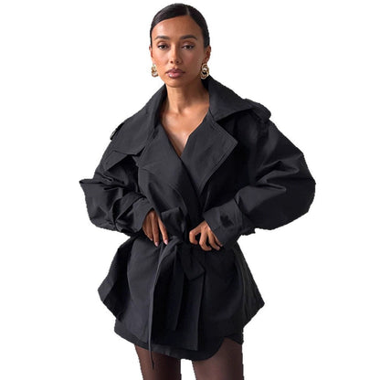 Damen Trenchcoat Kurzjacke Modern mit Taillengürtel und Taschen