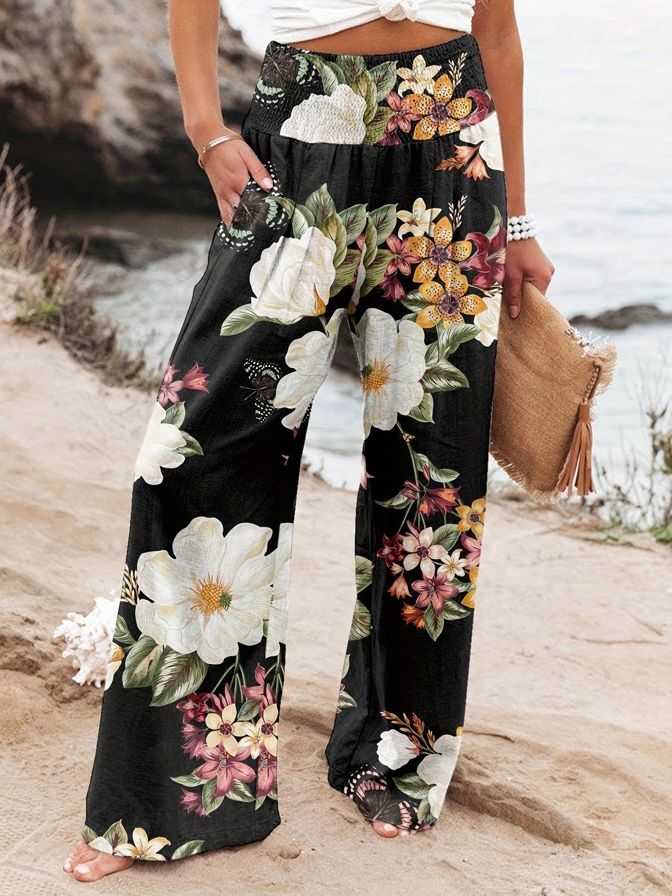 Damen Strandhose Weit Bequem Elastisch Floral
