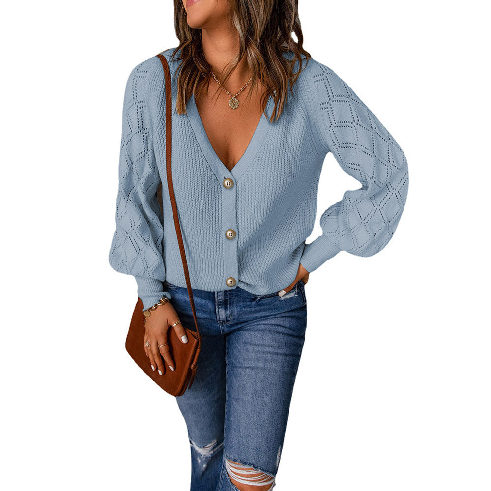 Frauen Strickjacke V-Ausschnitt Puffärmel Modern