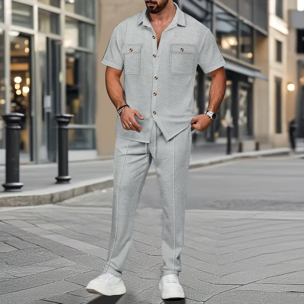 Herren Kurzarmhemd mit Taschen und modische Jeanshose