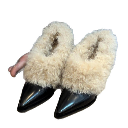 Damen Slipper Luxus Fell Spitze Zehen