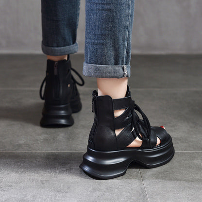Damen Plateau Sandalen Höhle Leder Schnürsystem Modern