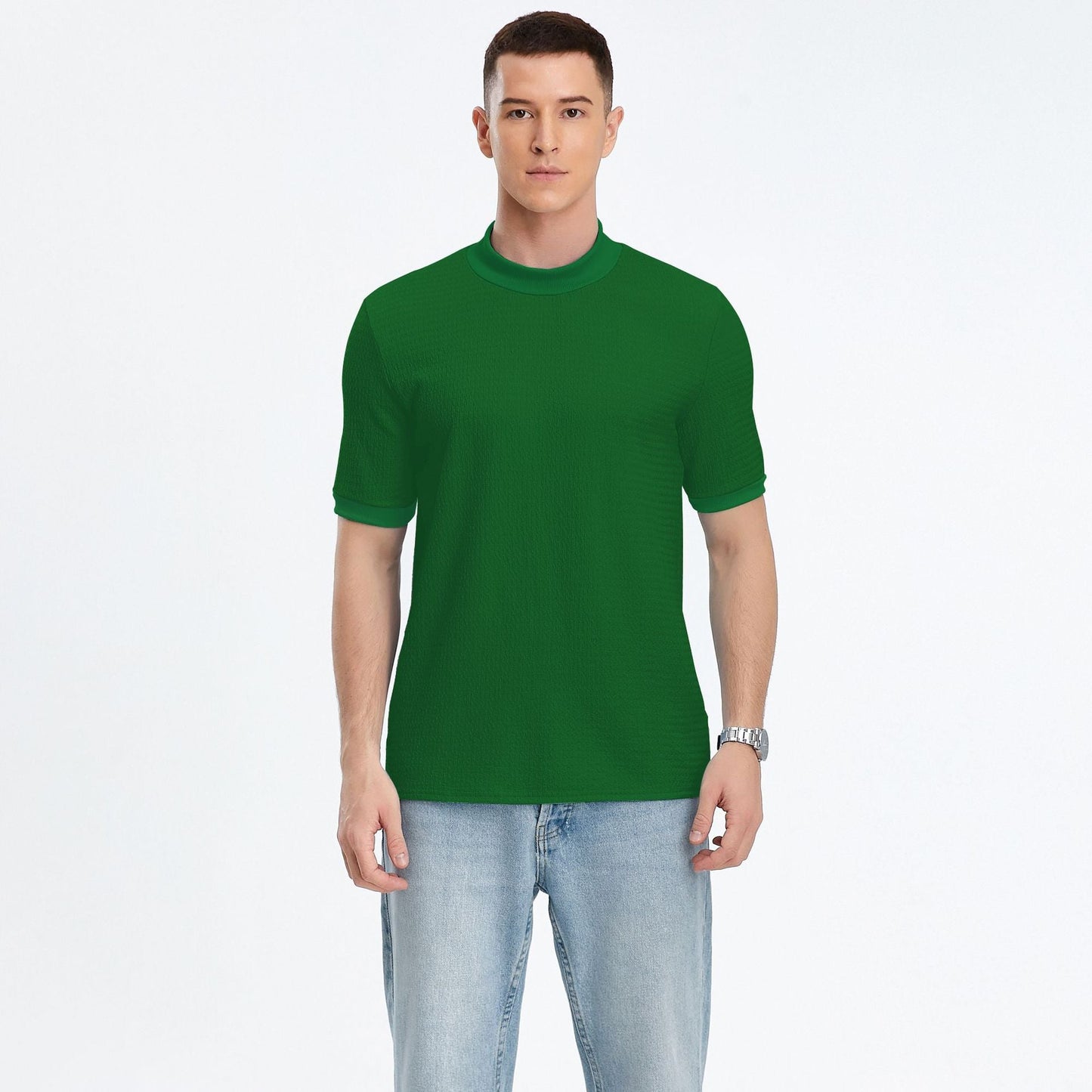 Herren T-Shirt Kurzarm Modern Stehkragen Strukturstoff