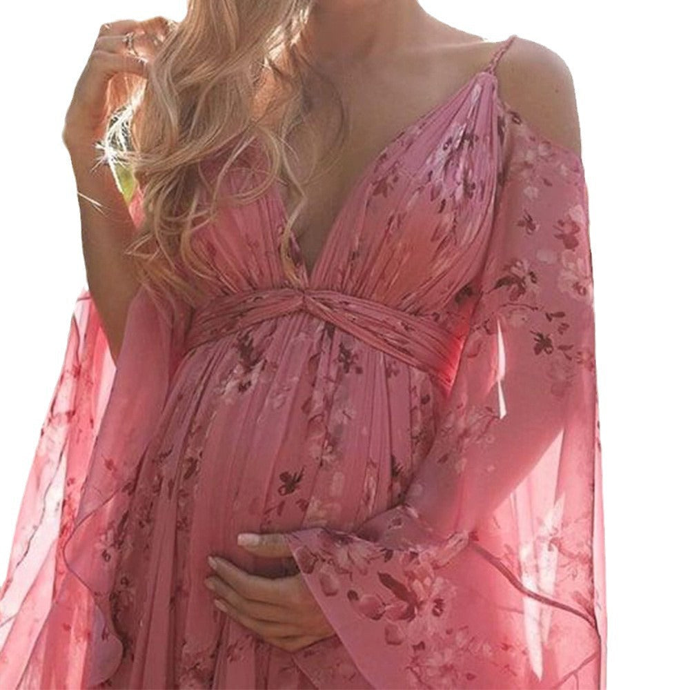 Damen Maxikleid Lang Ärmig Florales Muster Sommerkleid