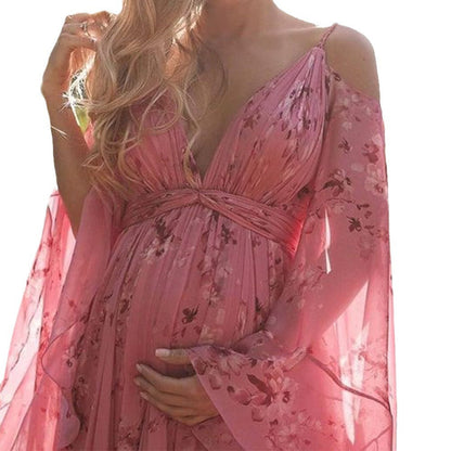 Damen Maxikleid Lang Ärmig Florales Muster Sommerkleid
