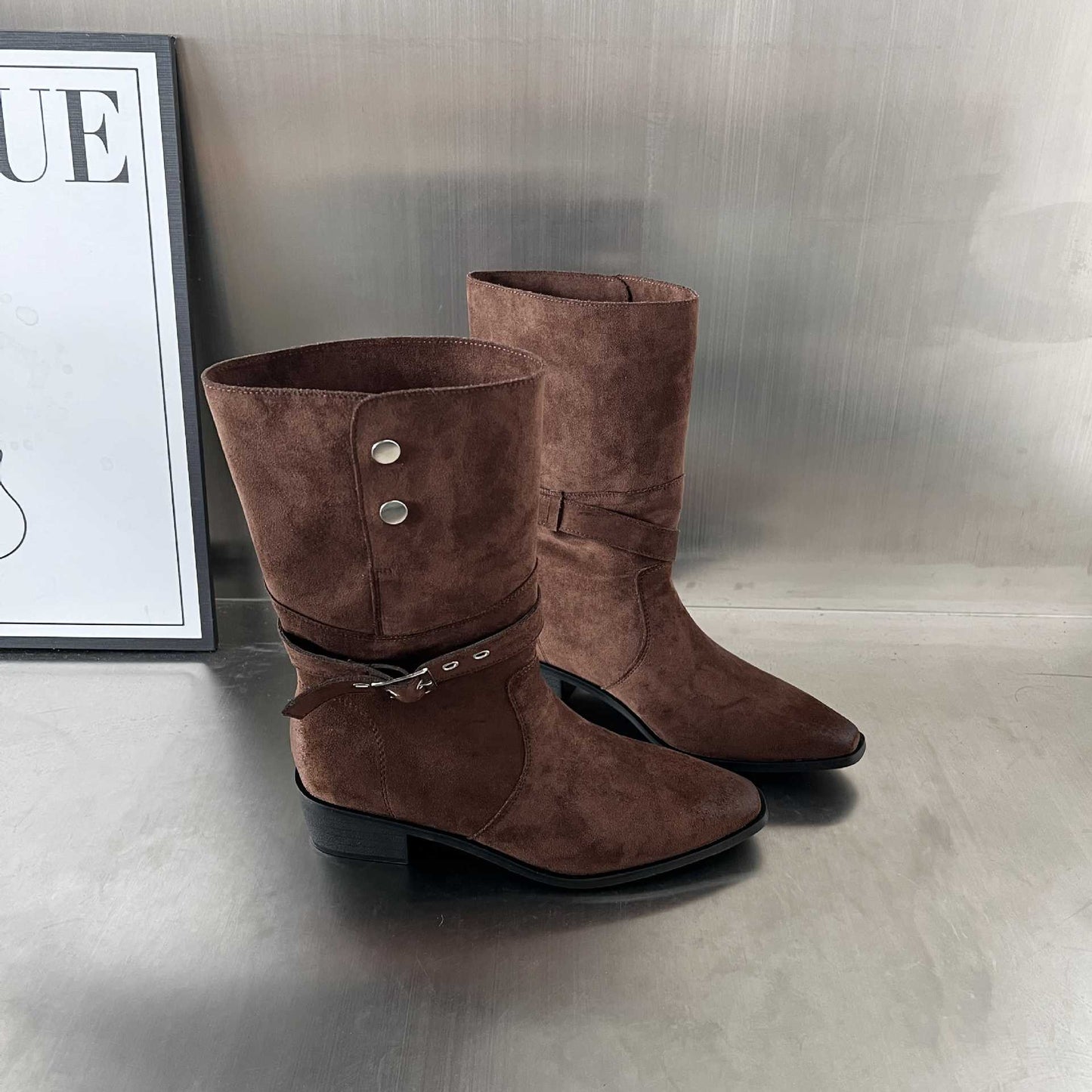 Damen Stiefel Wildleder Elegante Schnalle Schuhe