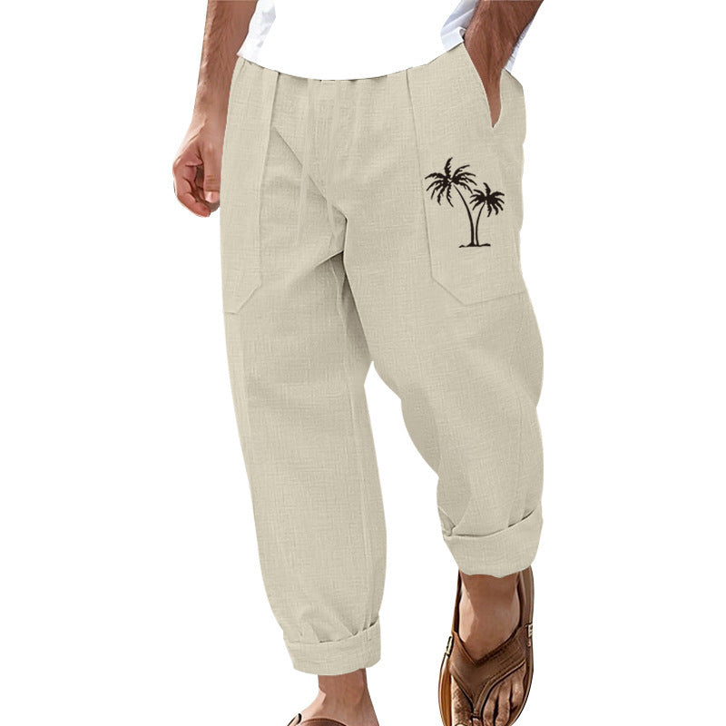 Herren Leinenhose Cargo Bequem mit Taschen Palmen-Muster