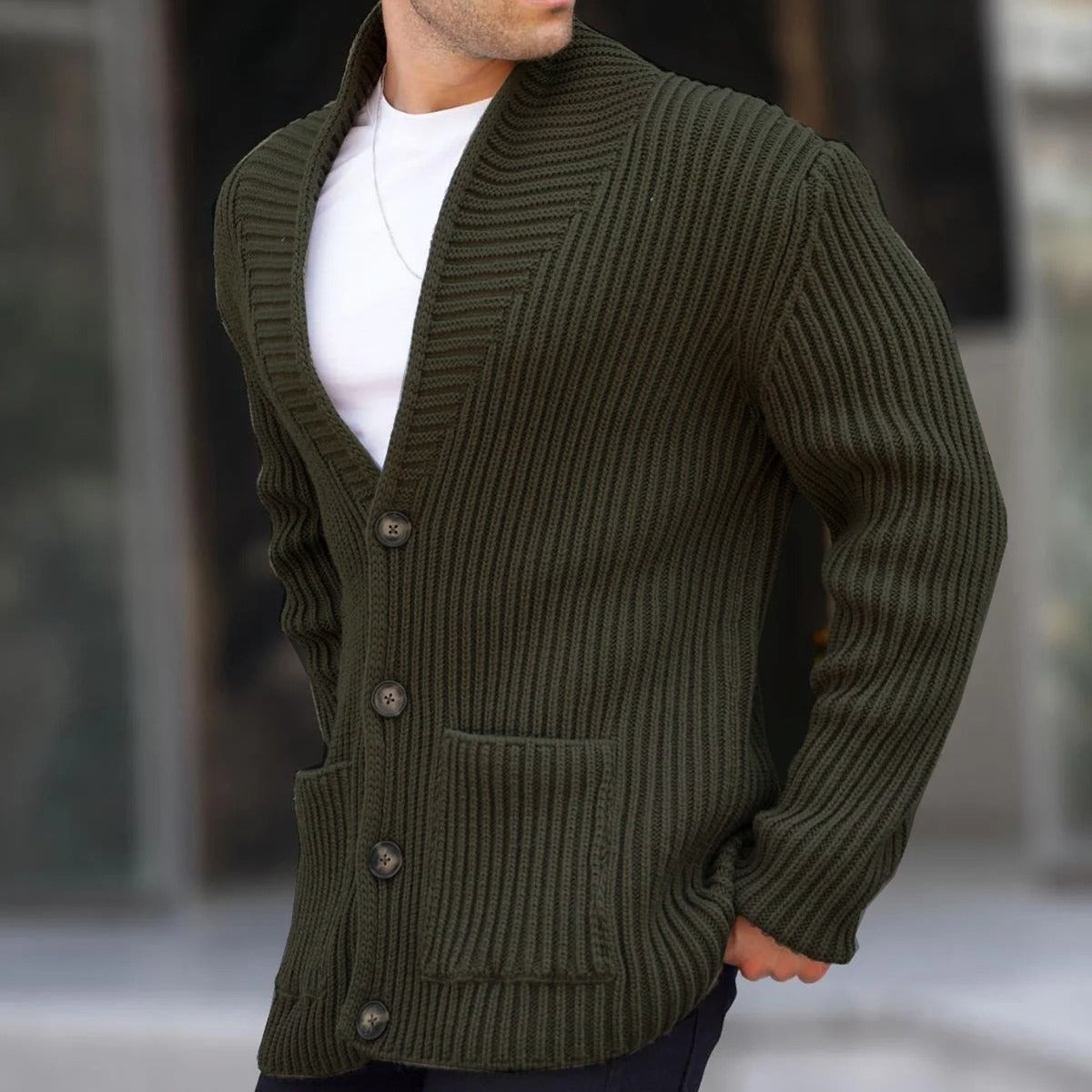 Herren Strickjacke V-Ausschnitt Kontrastknöpfe Modern