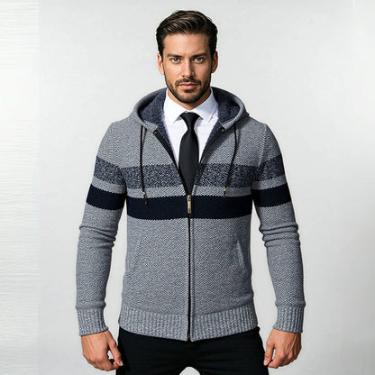 Herren Strickjacke Kapuze Modern Zipper Schwarz