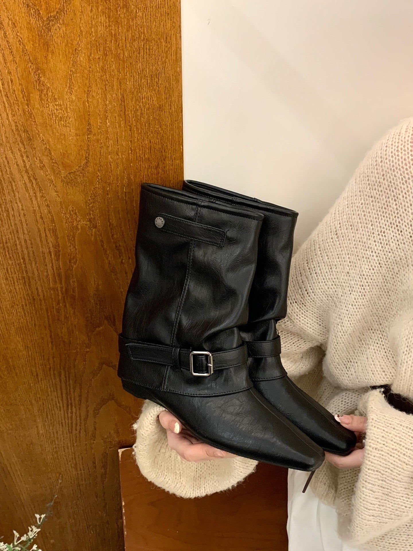 Damen Stiefel Elegante Schnallen Stiefel Schwarz Modisch