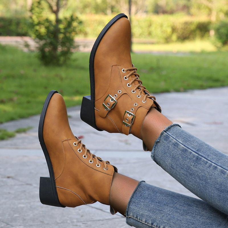 Damen Stiefeletten Schnürstiefeletten Robust Mit Schnallen Schwarz - BerlinGlamour