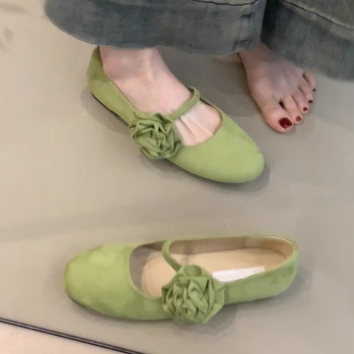 Damen Ballerinas Bequem mit Blumenriemen