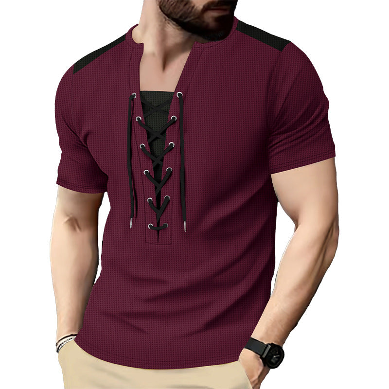 Herren T-Shirt Kurzarm Henley atmungsaktiv Schnürdetail