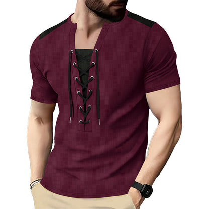 Herren T-Shirt Kurzarm Henley atmungsaktiv Schnürdetail