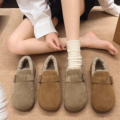 Damen Clogs Weich Kunstfell Futter Schnallenverschluss