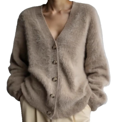 Damen Strickjacke Flauschig V-Ausschnitt Große Knöpfe