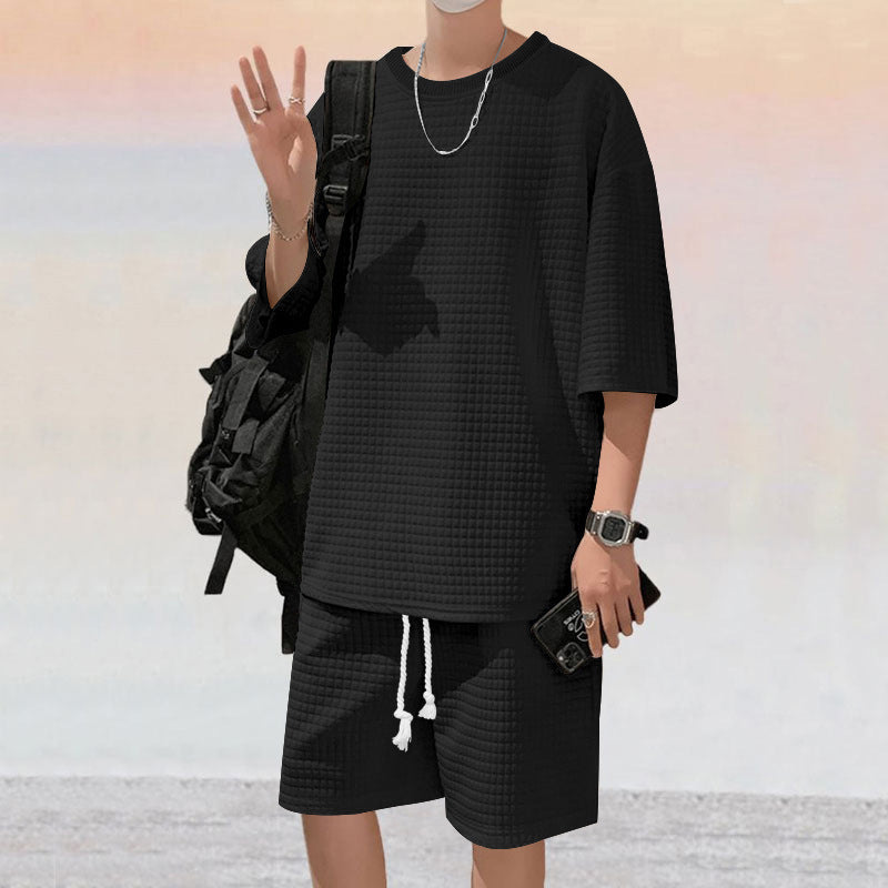 Herren Zweiteiler Set Lässig mit Struktur Oberteil Shorts