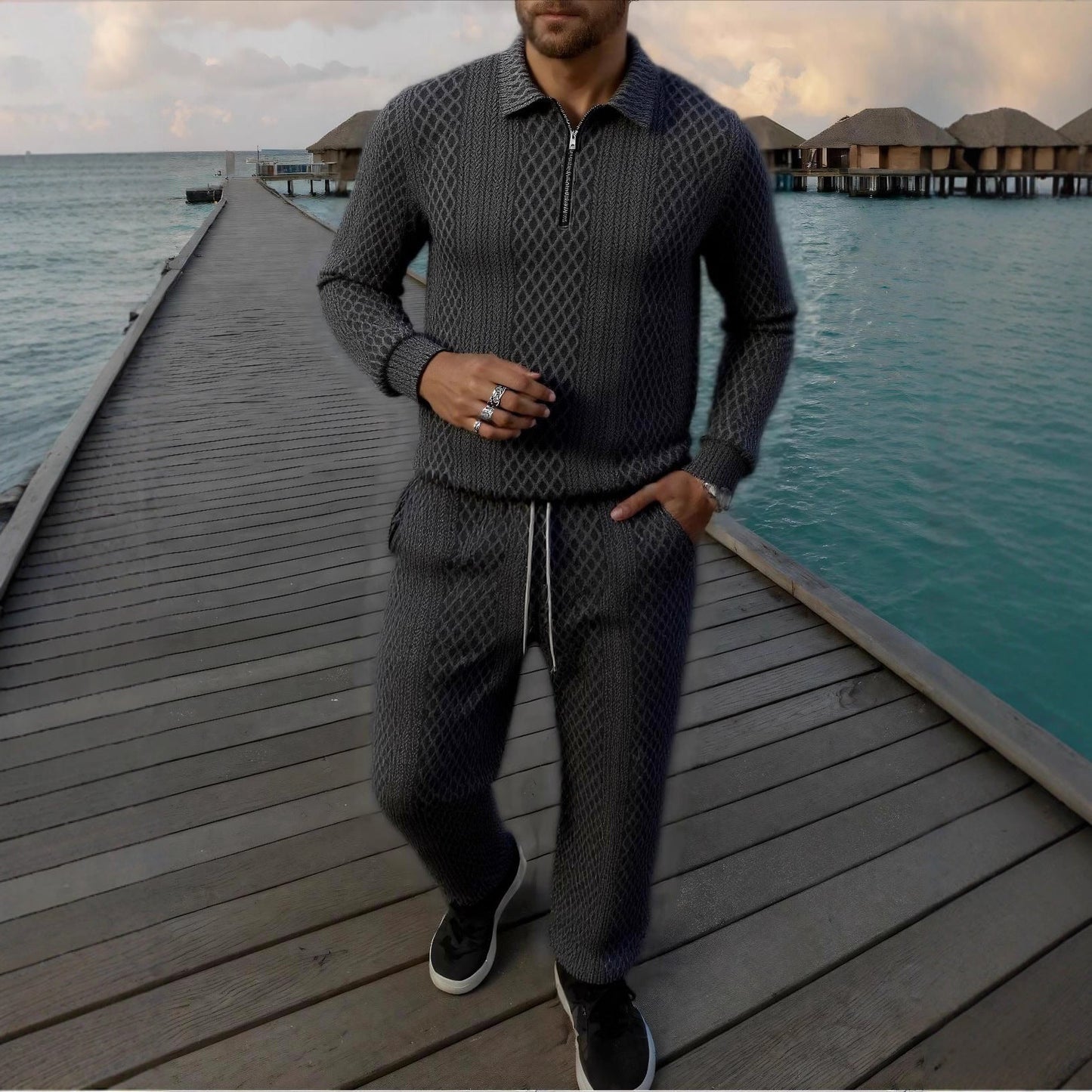 Herren Strickanzug Atmungsaktiv Elegante Optik Stehkragen