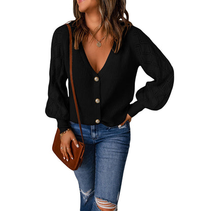 Frauen Strickjacke V-Ausschnitt Puffärmel Modern