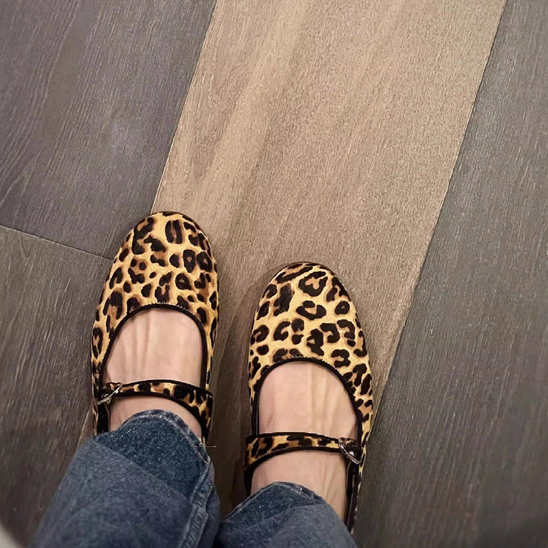 Damen Ballerinas Leopardenmuster Komfort Riemenverschluss