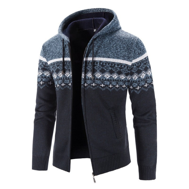 Herren Strickjacke Kapuze Elegant Grau Schwarze Muster