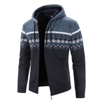 Herren Strickjacke Kapuze Elegant Grau Schwarze Muster