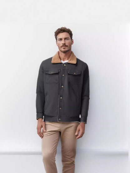 Herren Canvasjacke Robust Teddykragen Leder Optik