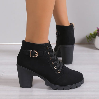 Damen Stiefeletten Blockabsatz Schnürstiefelette Reißverschluss
