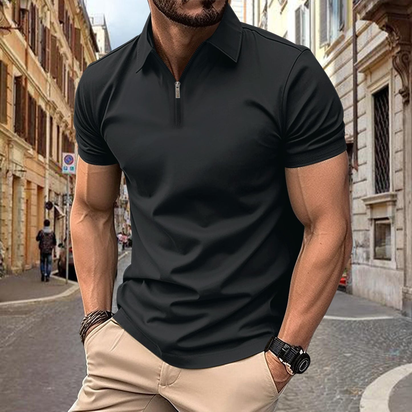 Herren Polohemd Modern Reißverschluss Slim Fit