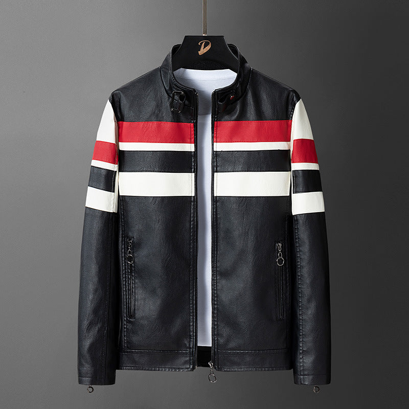 Herren Lederjacke Sportlich Mit Kontraststreifen