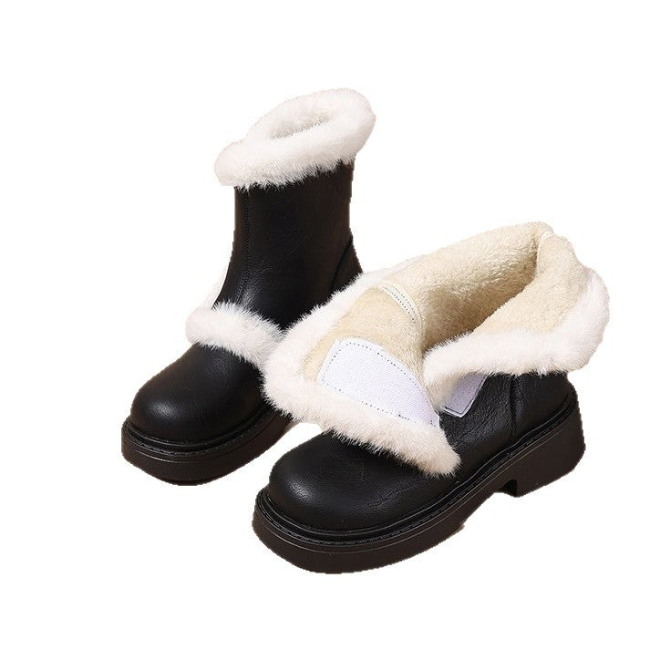 Damen Winterstiefel Luxus Kunstfell Kragen Schwarz Modern