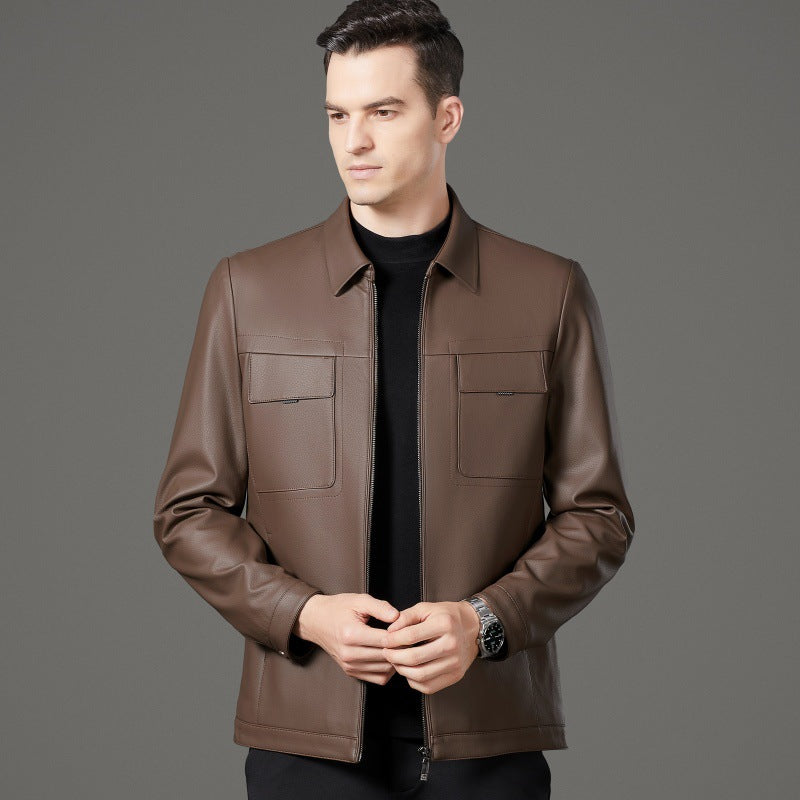 Herren Lederjacke Schwarz Stilvoll Mit Taschen