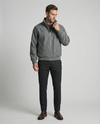 Herren Zipjacke Stehkragen Wollmix Schwarz Modern