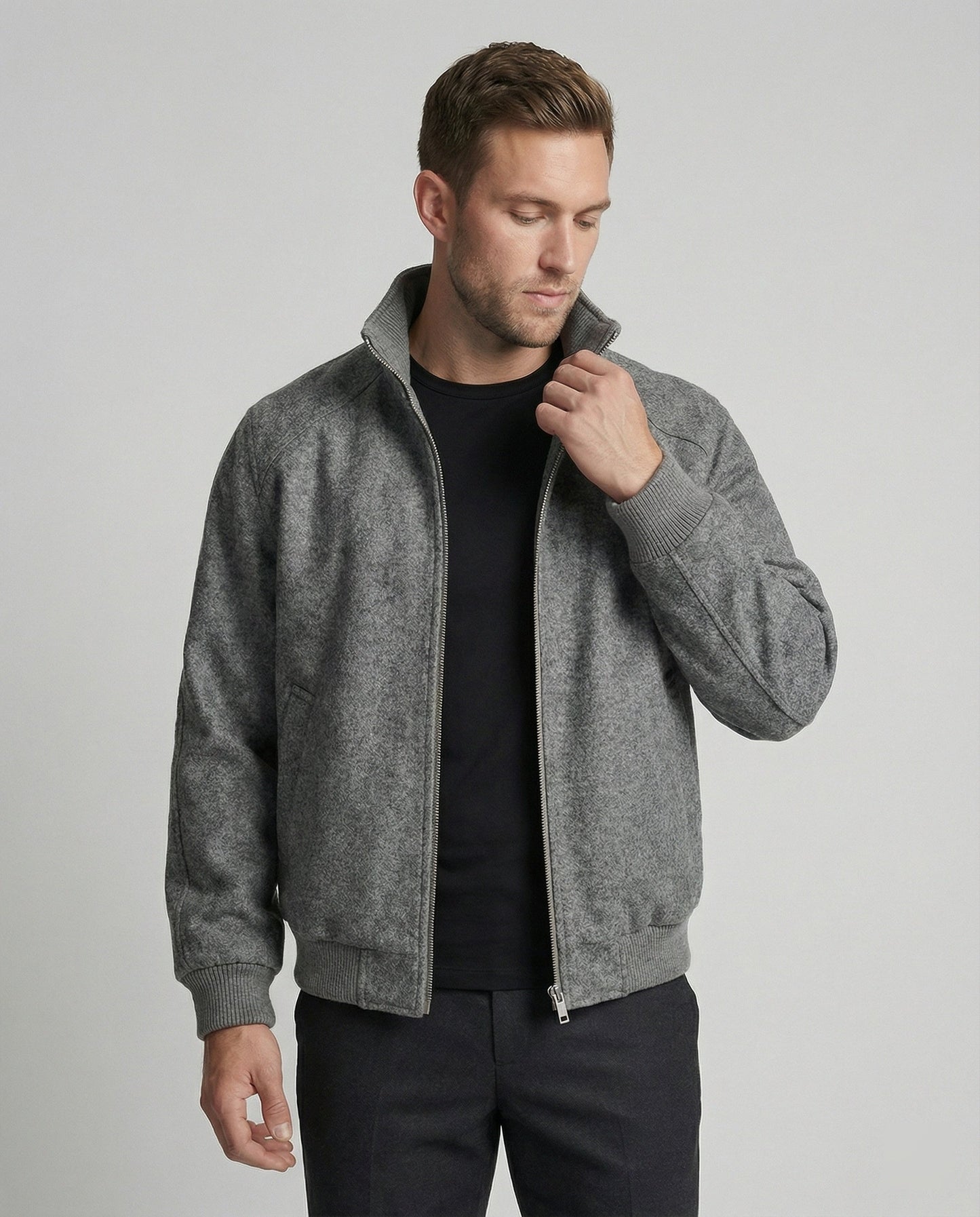 Herren Zipjacke Stehkragen Wollmix Schwarz Modern - BerlinGlamour