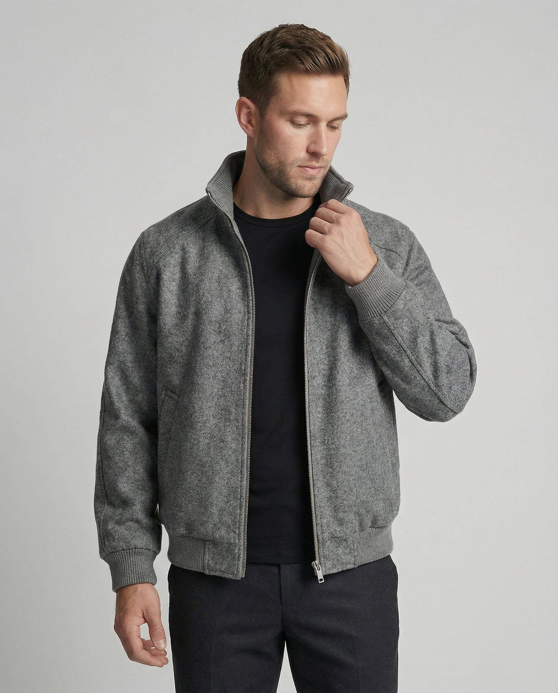 Herren Zipjacke Stehkragen Wollmix Schwarz Modern - BerlinGlamour