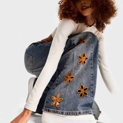 Damen Jeans Weite Bein mit Blumen Stickerei