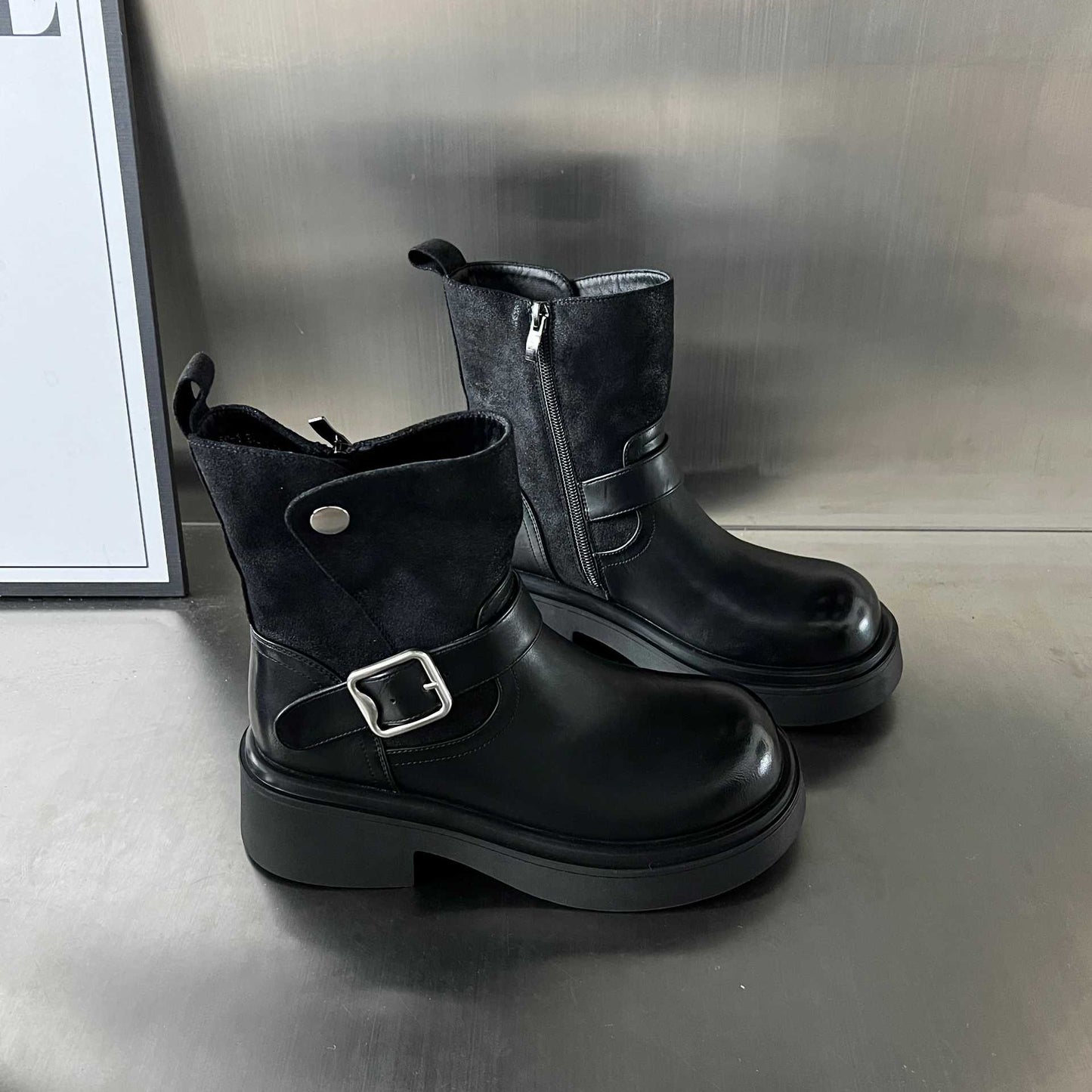 Damen Stiefel Boots Mit Riemen und Gummisohle Winter