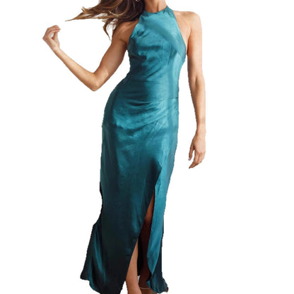 Damen Maxikleid Satin Asymmetrisch Beinschlitz Elegant - BerlinGlamour