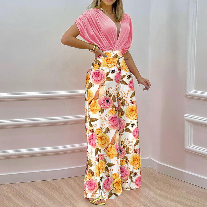 Damen Jumpsuit V-Ausschnitt Weites Bein Elegant