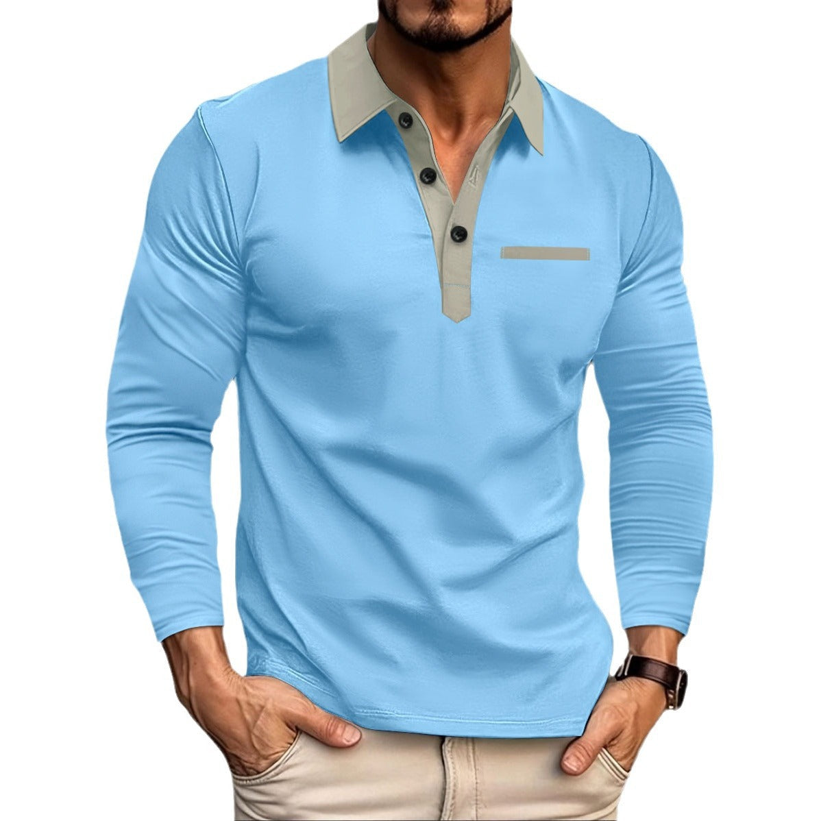 Herren Poloshirt Langarm Moderner Kragen Slim Fit